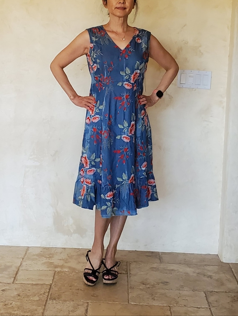 Reba Blue Floral V-Neck Midi Dress - Picture 1 of 7